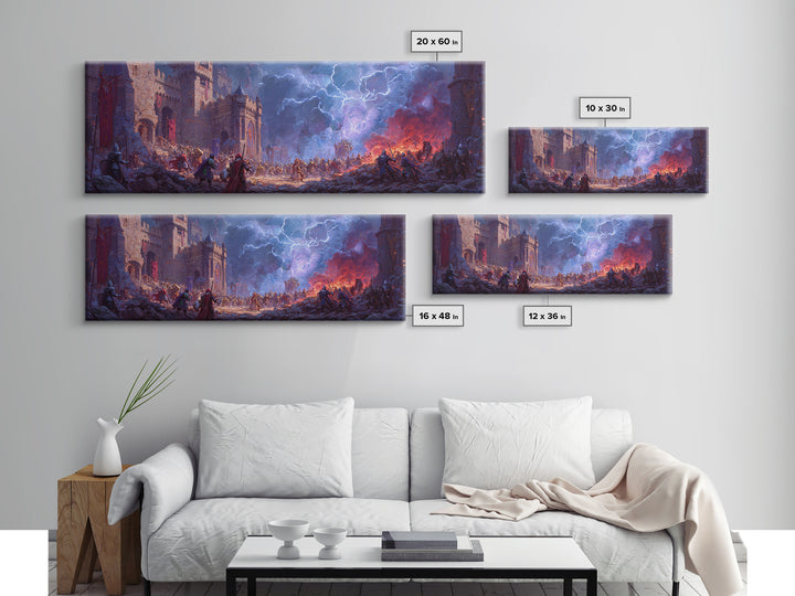 Stormlit Castle Siege Fantasy Battle Wall Art, Medieval Dragon Decor, Epic Landscape Canvas Print, Gamer Room Gift For Him