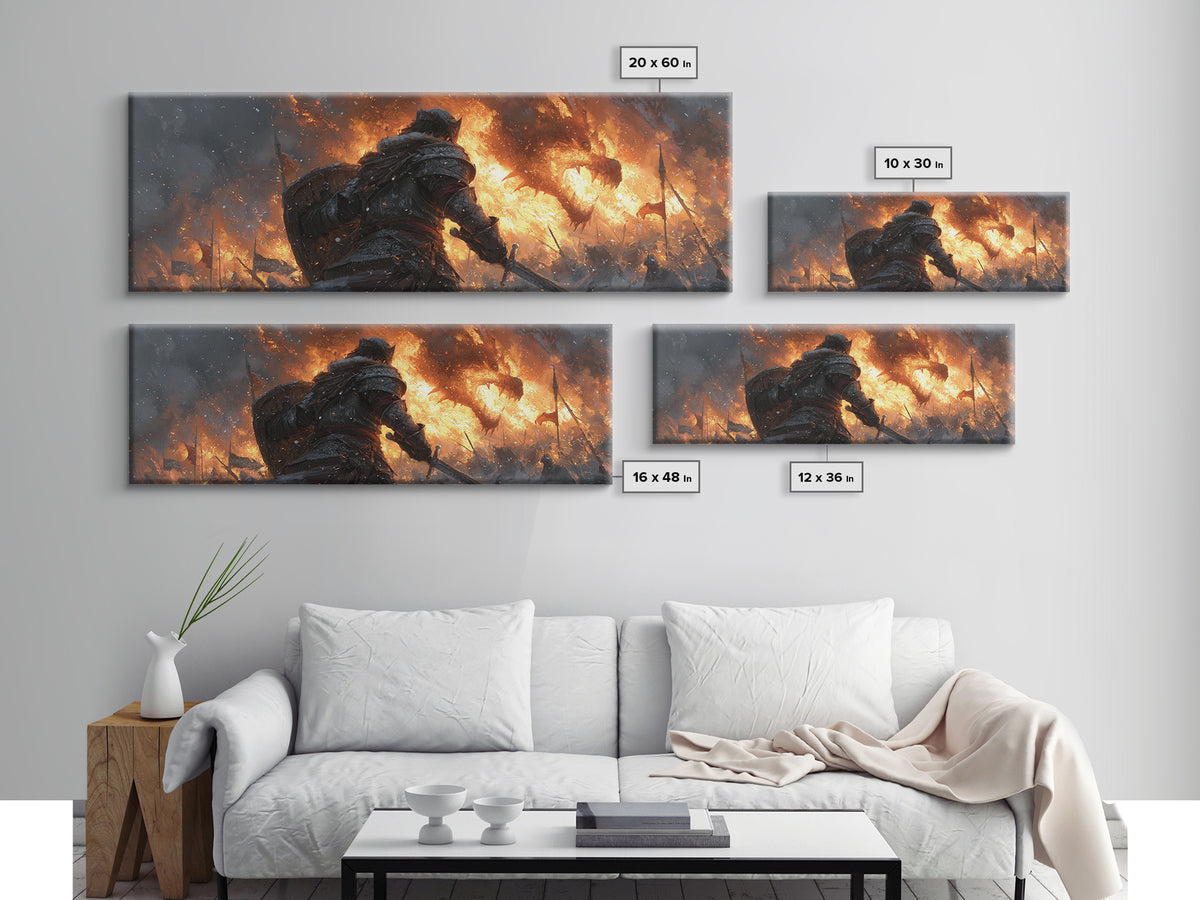 Lone Warrior Before Blazing Battlefield Framed Canvas Print, Dark Fantasy Wall Art, Medieval Battle Decor, Gift For Gamer