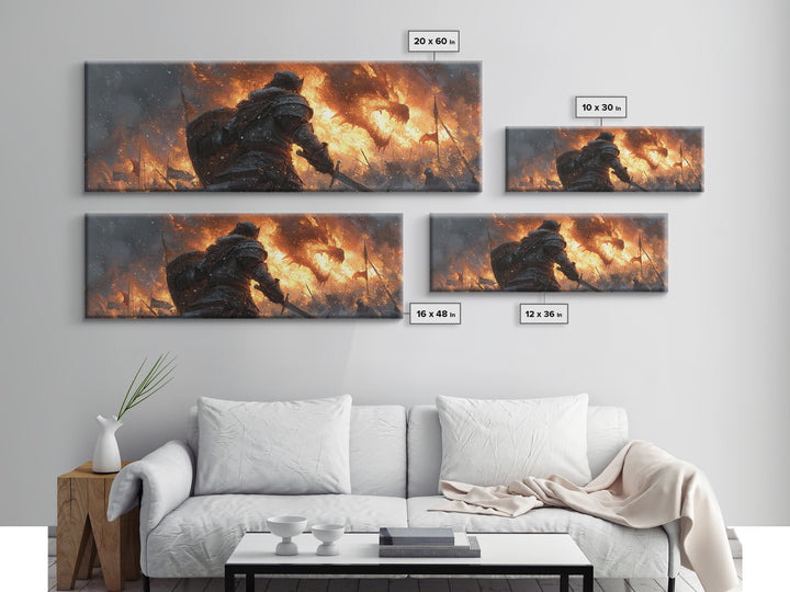 Lone Warrior Before Blazing Battlefield Framed Canvas Print, Dark Fantasy Wall Art, Medieval Battle Decor, Gift For Gamer