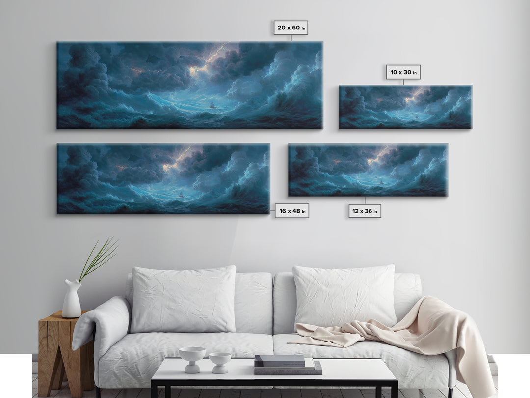 Stormy Ocean Ship Seascape Wall Art, Dramatic Nautical Canvas Print, Blue Coastal Living Room Decor, Moody Sea Gift For Him