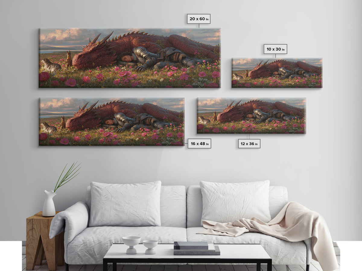 Sleeping Knight With Red Dragon In Flower Meadow Wall Art, Whimsical Fantasy Canvas Print, Nursery Decor Gift For Her And Kids