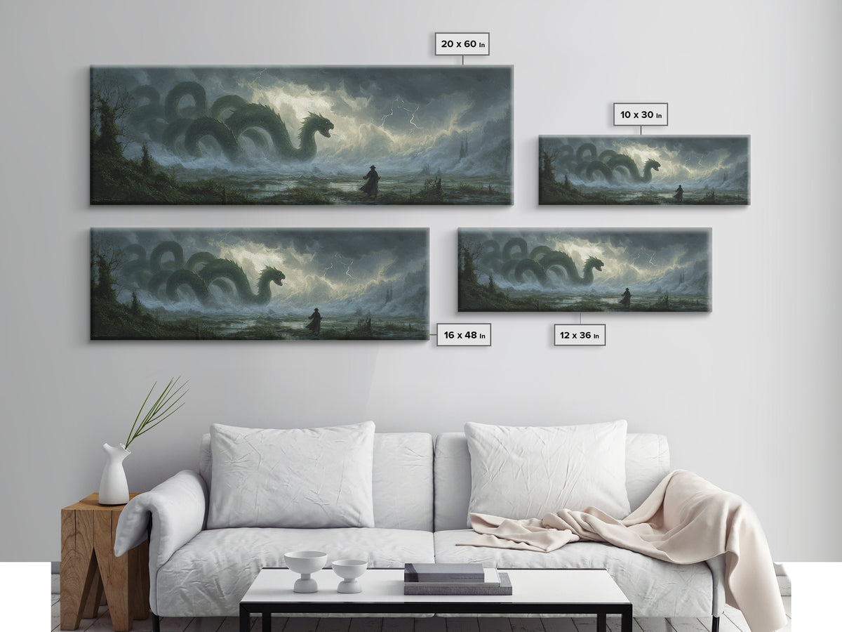 Storm Hydra Rising From Misty Swamp Wall Art, Dark Fantasy Canvas Print, Mythical Monster Home Decor, Gothic Gift For Him