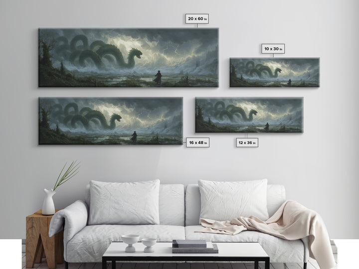 Storm Hydra Rising From Misty Swamp Wall Art, Dark Fantasy Canvas Print, Mythical Monster Home Decor, Gothic Gift For Him