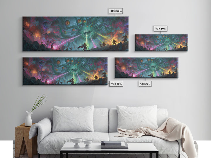 Eldritch Tentacle Monster Epic Battle Wall Art, Cosmic Horror Canvas Print, Sci Fi Fantasy Decor, Gamer Room Gift For Him