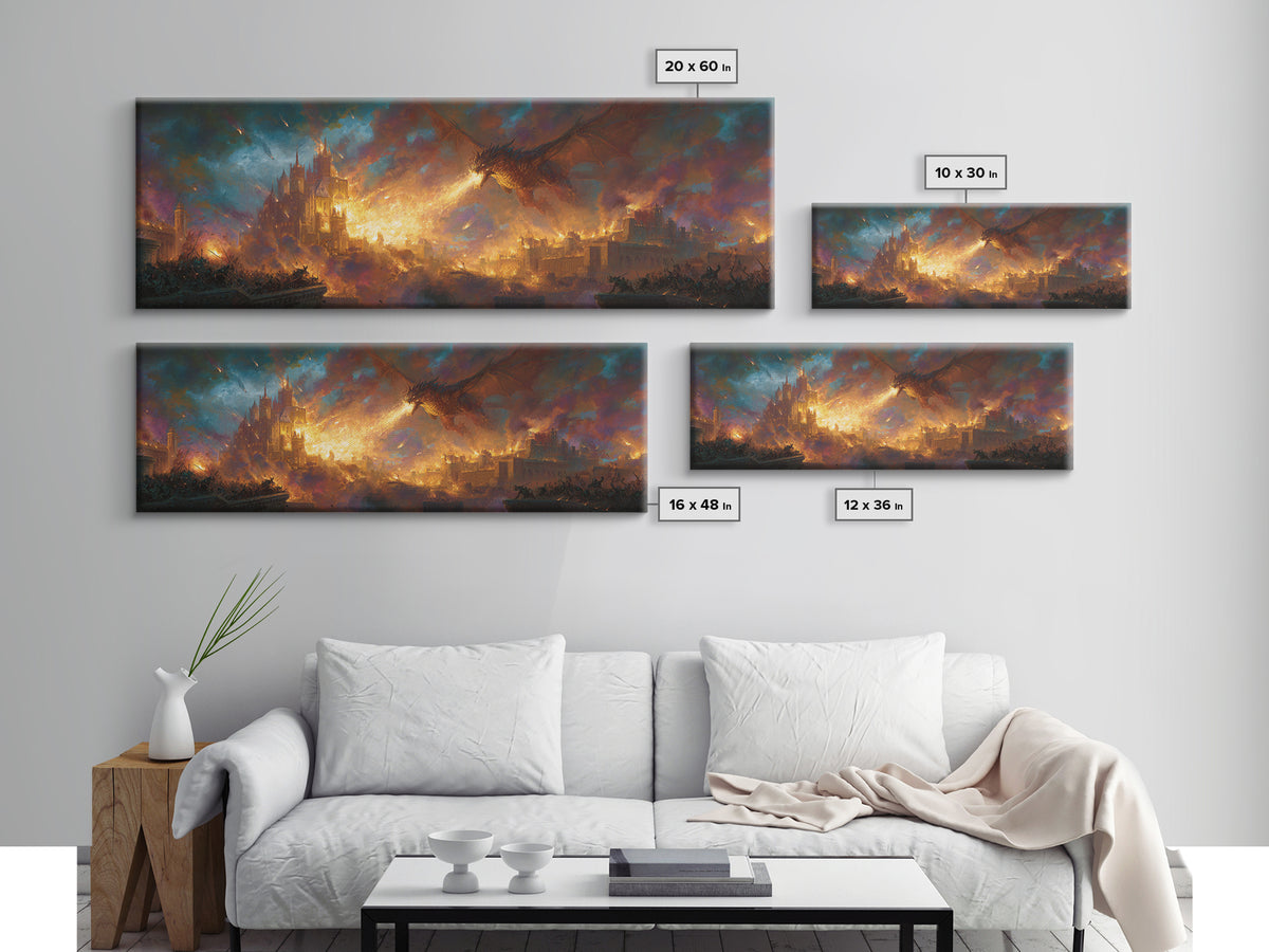 Fire Breathing Dragon Over Burning City Wall Art, Epic Fantasy Canvas Print, Medieval Castle Home Decor, Gamer Gift For Him