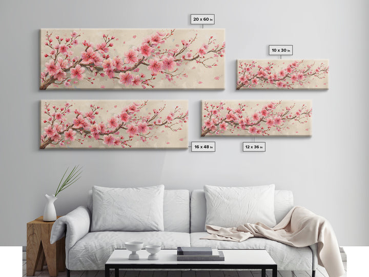Pink Cherry Blossom Branch Canvas Print, Japanese Spring Wall Art, Botanical Floral Decor, Above Bed Panoramic Artwork Gift
