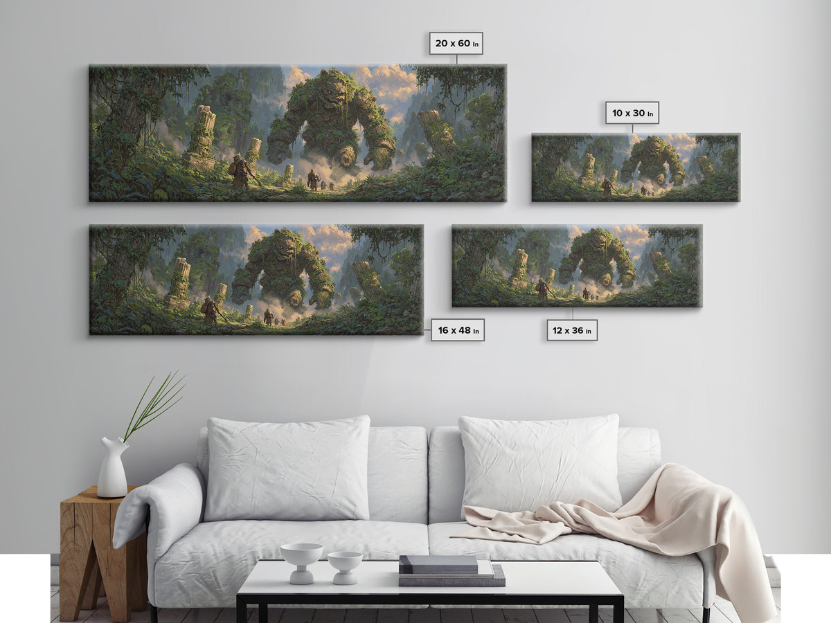 Ancient Jungle Golem Ruins With Adventurers Canvas Print, Fantasy Wall Decor, Large Landscape Art, Mythical Home Decor Gift