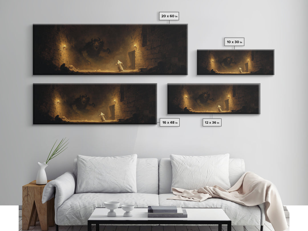 Torchlit Dungeon Minotaur Encounter Framed Canvas Print, Dark Fantasy Wall Art, Gothic Decor, Fantasy Gift For Him, Moody Wall Decor