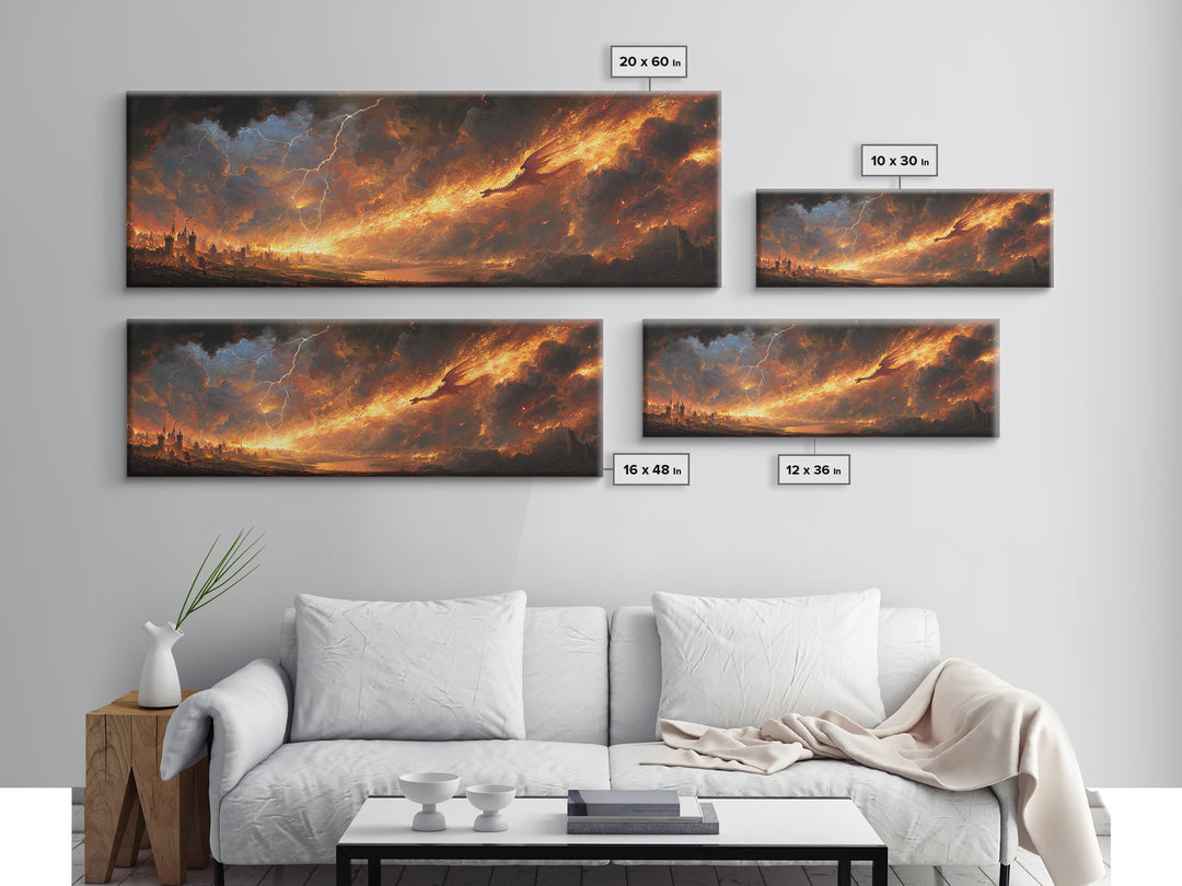 Apocalyptic Fire Dragon Over Burning City Canvas Print, Dark Fantasy Wall Art, Stormy Landscape, Dramatic Game Room Decor