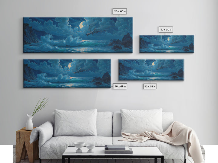 Moonlit Ocean Dragon Above Crashing Waves Canvas Print, Fantasy Wall Art, Nautical Decor, Blue Coastal Seascape Print Gift