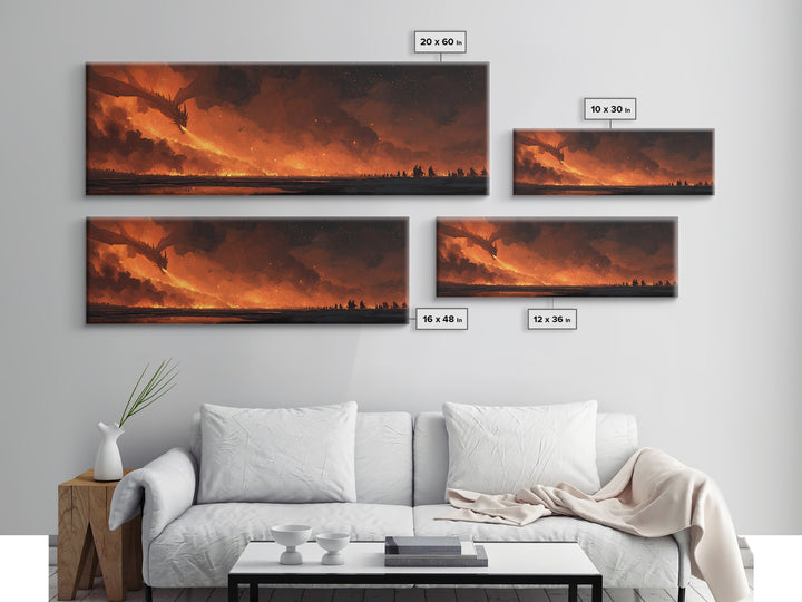 Fiery Dragon Horde Crossing Ashen Battlefield Canvas Print, Dark Fantasy Wall Art, Epic Dragon Art, Gaming Room Decor, Gift