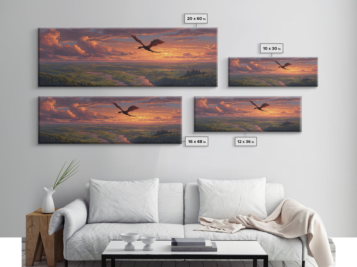 Sunset Dragon Flight Over River Valley Canvas Print, Fantasy Landscape Wall Art, Colorful Nature Art, Living Room Decor Gift