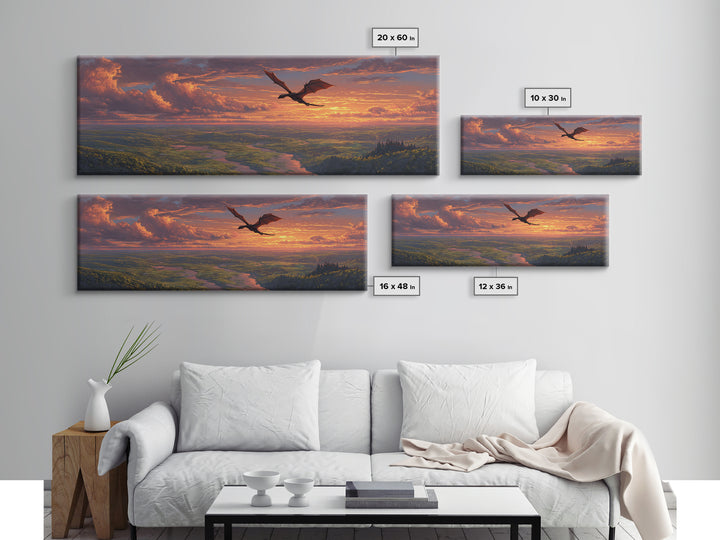 Sunset Dragon Flight Over River Valley Canvas Print, Fantasy Landscape Wall Art, Colorful Nature Art, Living Room Decor Gift