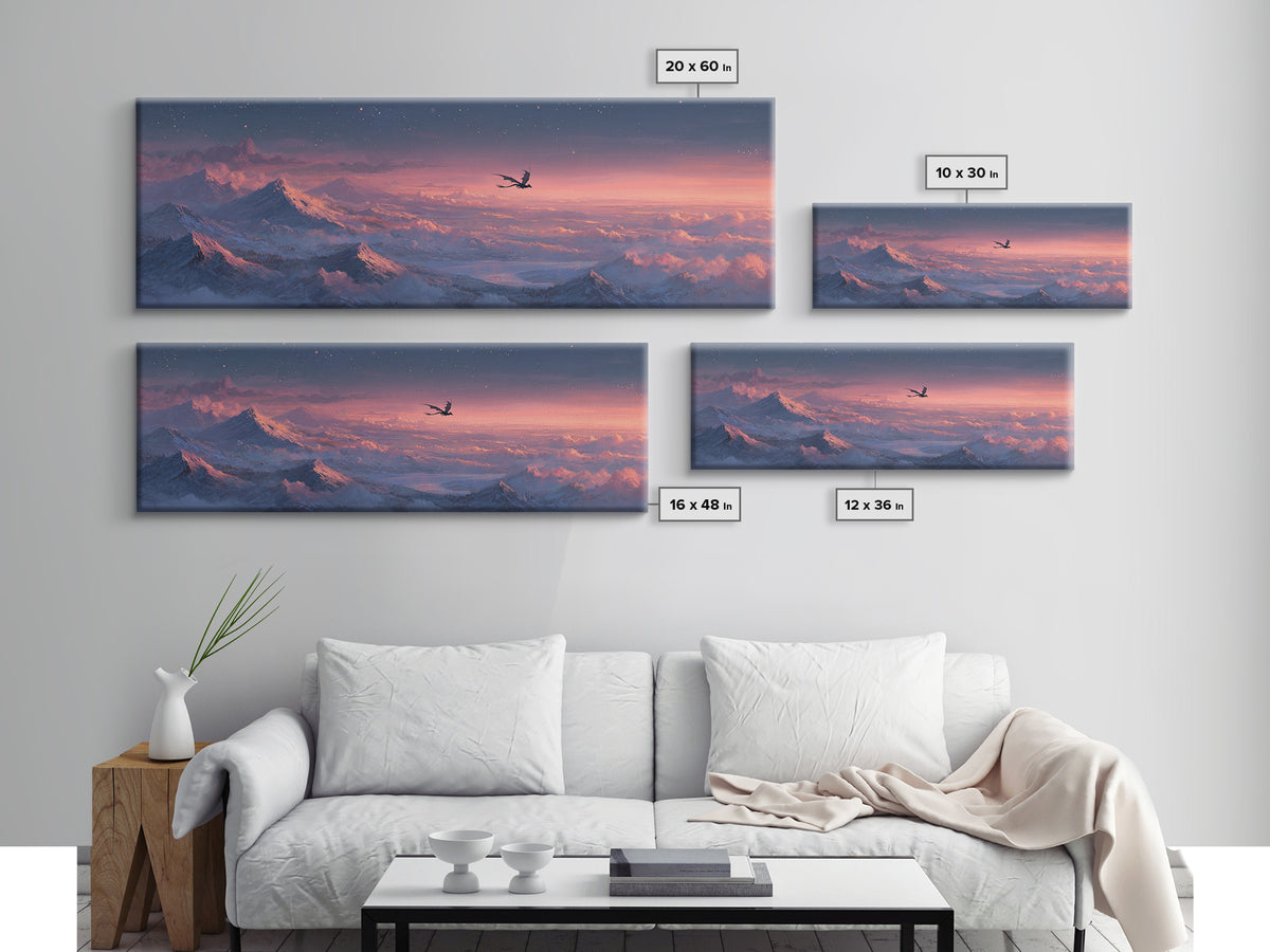 Pink Alpine Dragon Above Snowy Peaks Canvas Print, Fantasy Landscape Wall Art, Mountain Wall Art, Dreamy Bedroom Decor, Gift
