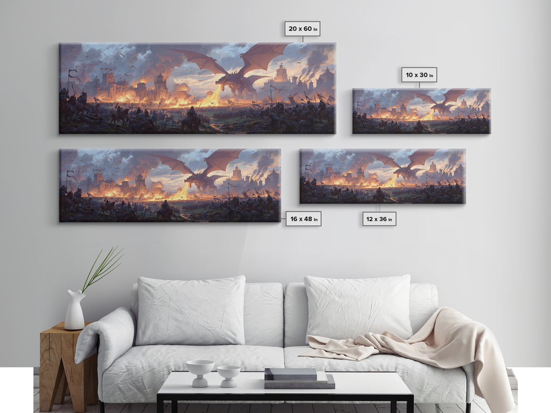 Epic Dragon Siege Over Burning Kingdom Framed Canvas Print, Fantasy Wall Art, Medieval Battle Decor, Game Room Art, Large Wall Decor