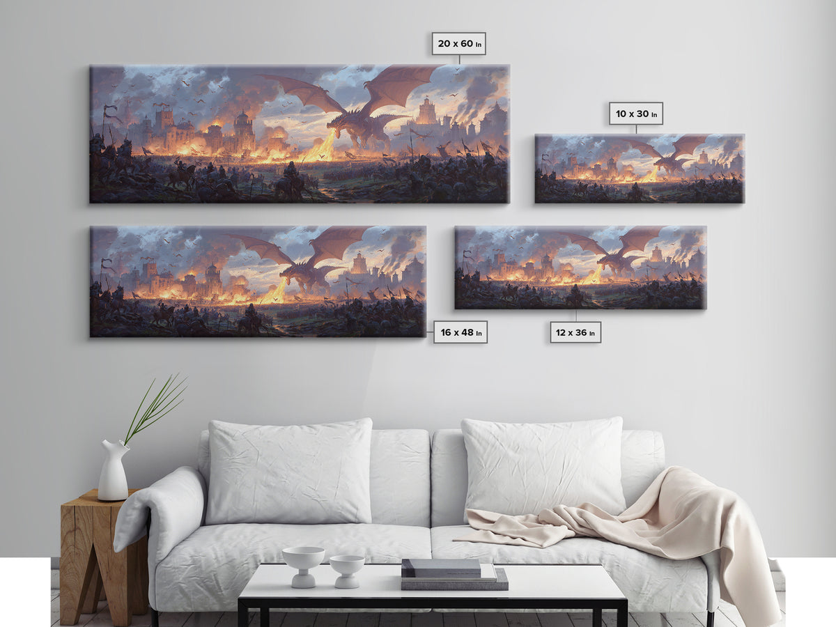 Epic Dragon Siege Over Burning Kingdom Framed Canvas Print, Fantasy Wall Art, Medieval Battle Decor, Game Room Art, Large Wall Decor
