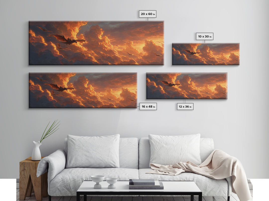 Golden Storm Clouds With Soaring Dragons Canvas Print, Fantasy Wall Art, Sunset Sky Decor, Epic Landscape Art Print, Living Room Decor