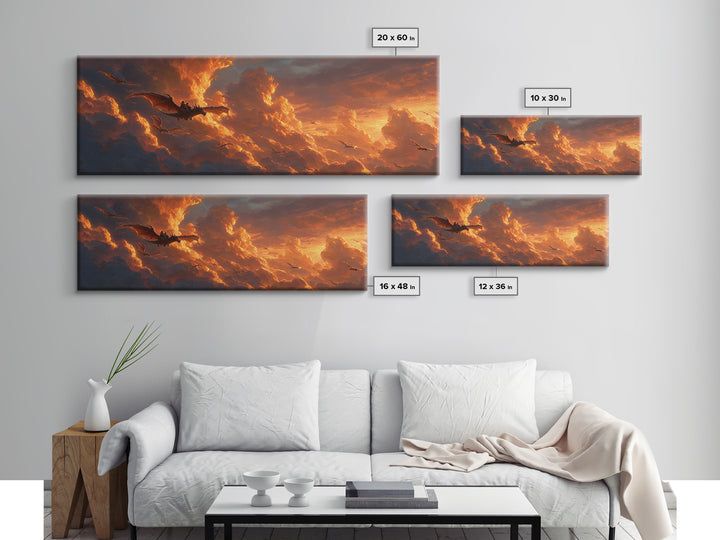 Golden Storm Clouds With Soaring Dragons Canvas Print, Fantasy Wall Art, Sunset Sky Decor, Epic Landscape Art Print, Living Room Decor