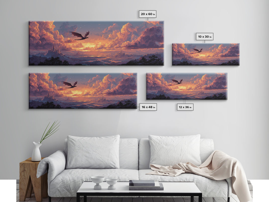 Pastel Dragon Over Cloud Castles At Sunset Canvas Print, Fantasy Landscape Wall Art, Whimsical Decor, Dreamy Nursery Art