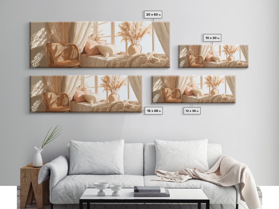 Sunlit Boho Bedroom With Pampas Grass Wall Art, Warm Neutral Above Bed Decor, Cozy Home Decor, Large Horizontal Canvas Print