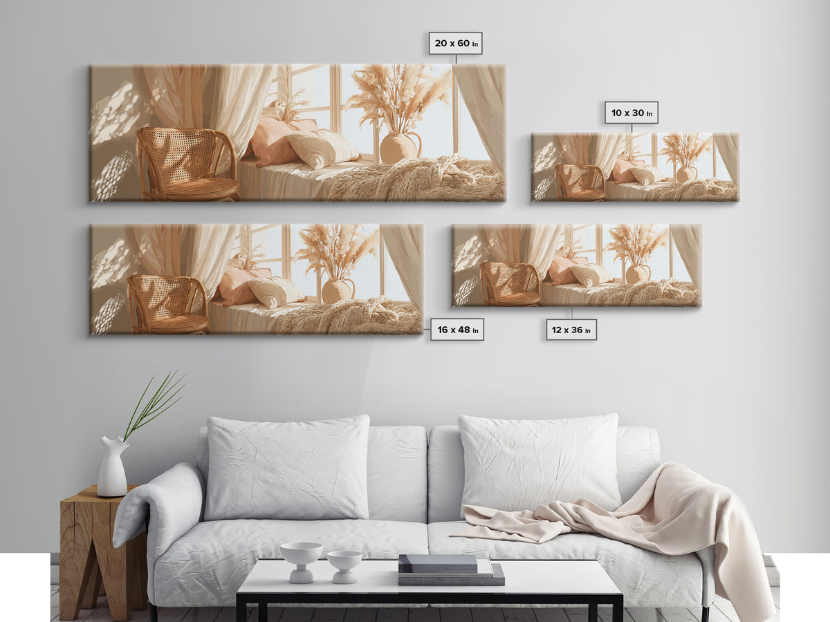 Sunlit Boho Bedroom With Pampas Grass Wall Art, Warm Neutral Above Bed Decor, Cozy Home Decor, Large Horizontal Canvas Print