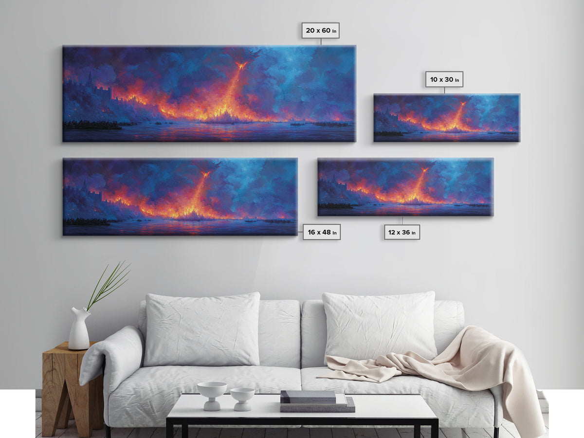 Fire Dragon Over Burning Forest Wall Art, Fantasy Landscape Canvas Print, Dark Moody Wall Decor, Panoramic Art Gift For Him