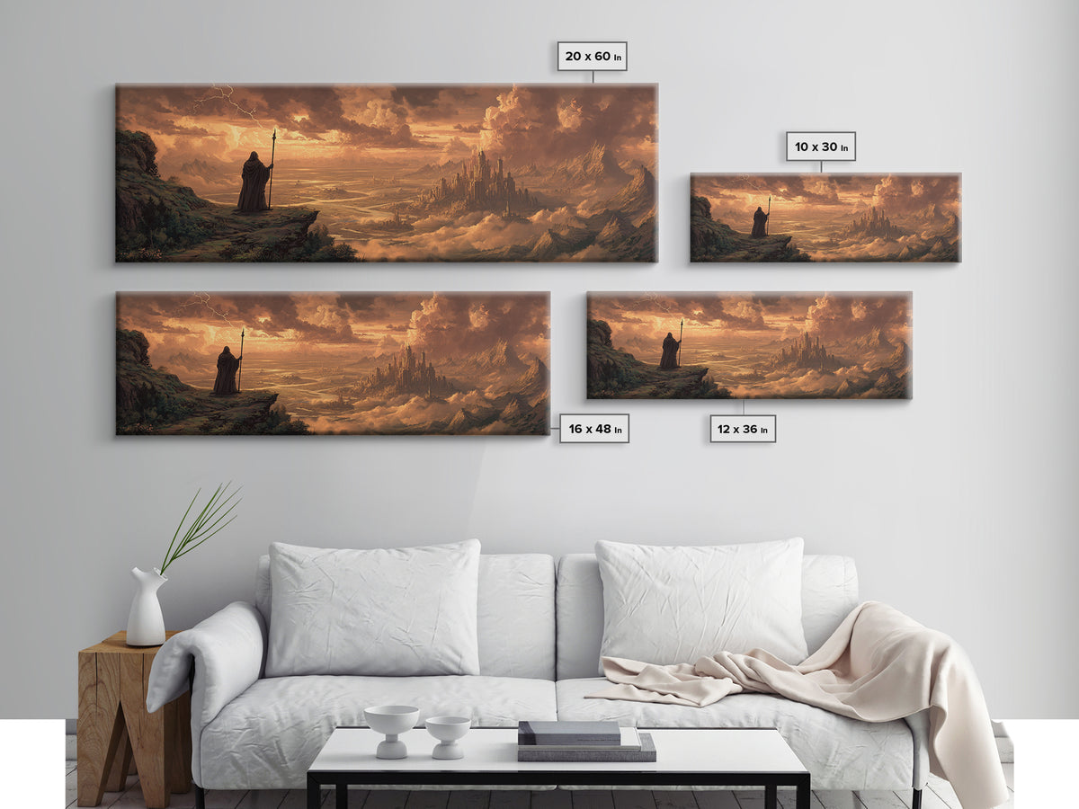 Wizard Over Golden Cloud City Framed Canvas Print, Fantasy Landscape Wall Art, Medieval Home Decor, Epic Castle Gift For Him