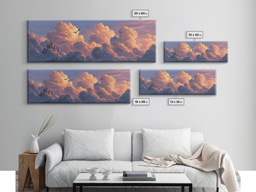 Pastel Castle In Pink Clouds Canvas Print, Dreamy Fantasy Wall Art, Nursery Decor, Whimsical Cloudscape Art, Gift For Her