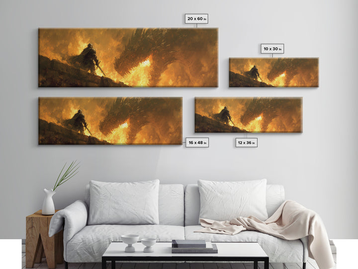Lone Warrior Facing Fire Dragon Wall Art, Dark Fantasy Canvas Print, Epic Battle Decor, Medieval Gift For Him, Large Art