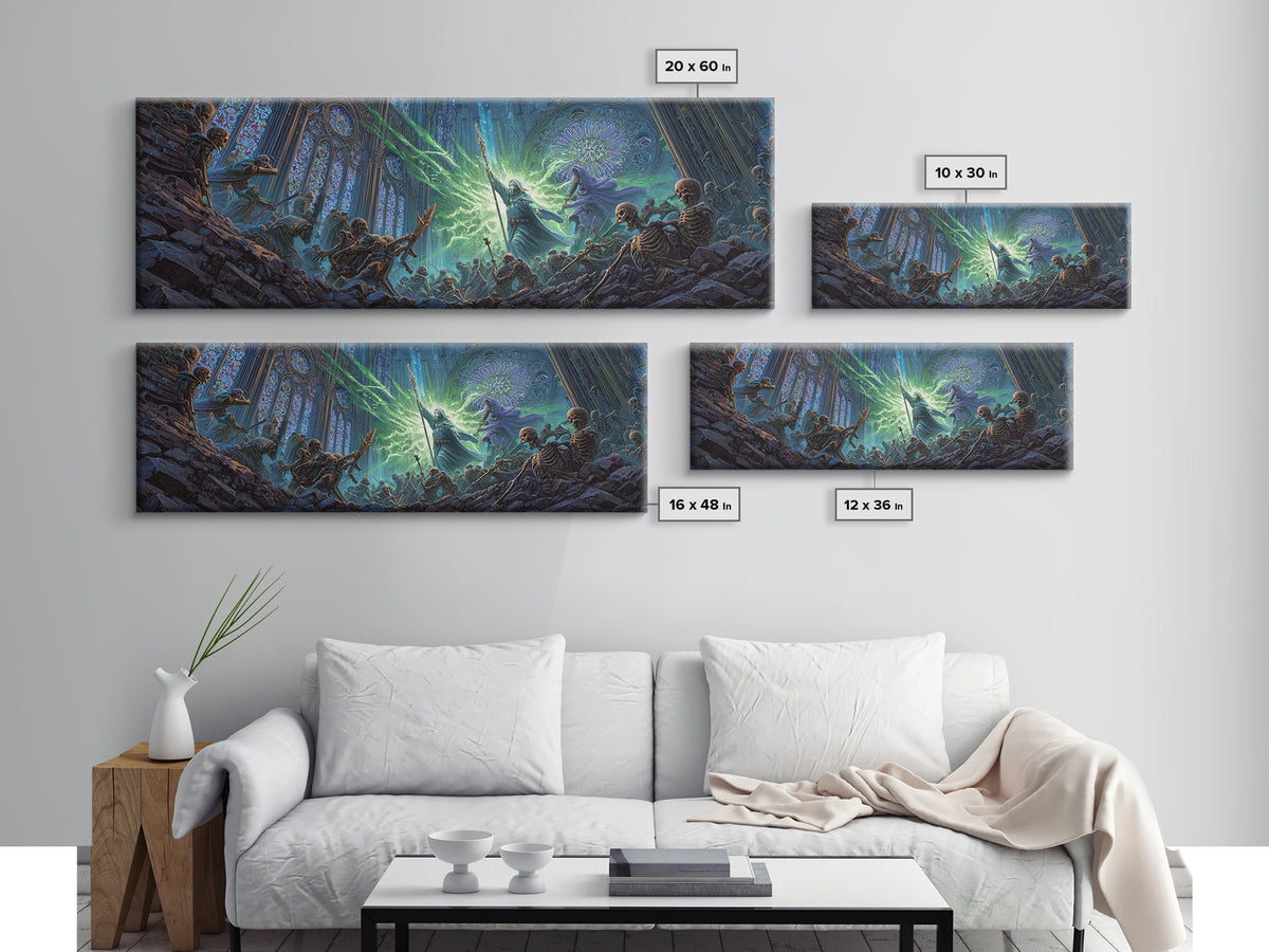 Necromancer Battle In Gothic Cathedral Wall Art, Dark Fantasy Canvas Print, Skeleton Decor, Surreal Magic Art Gift For Him
