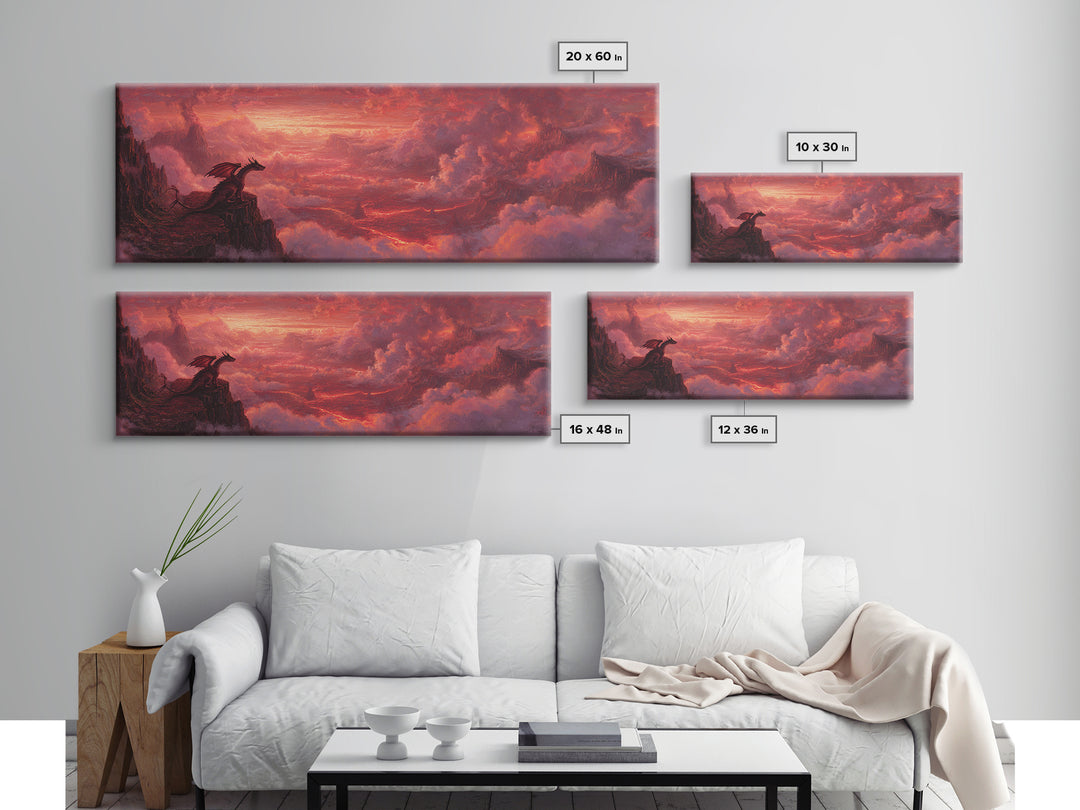 Red Dragon On Volcanic Cliff Wall Art, Dark Fantasy Landscape Canvas Print, Gothic Decor, Moody Panoramic Art Gift For Him