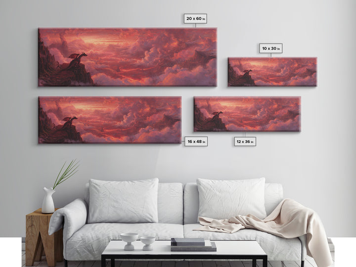 Red Dragon On Volcanic Cliff Wall Art, Dark Fantasy Landscape Canvas Print, Gothic Decor, Moody Panoramic Art Gift For Him