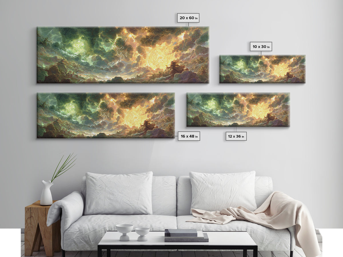 Celestial Storm Kingdom With Golden Light Framed Canvas Print, Fantasy Wall Art, Surreal Landscape Decor, Epic Gift For Him
