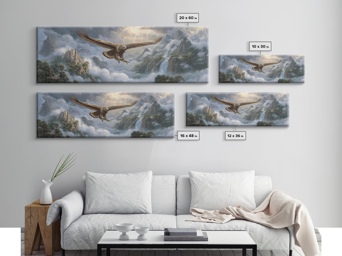 Soaring Eagle Over Misty Castle Mountains Framed Canvas Print, Fantasy Landscape Wall Art, Stormy Medieval Home Decor Gift