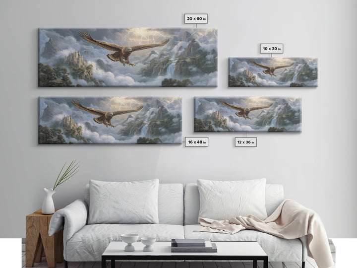 Soaring Eagle Over Misty Castle Mountains Framed Canvas Print, Fantasy Landscape Wall Art, Stormy Medieval Home Decor Gift