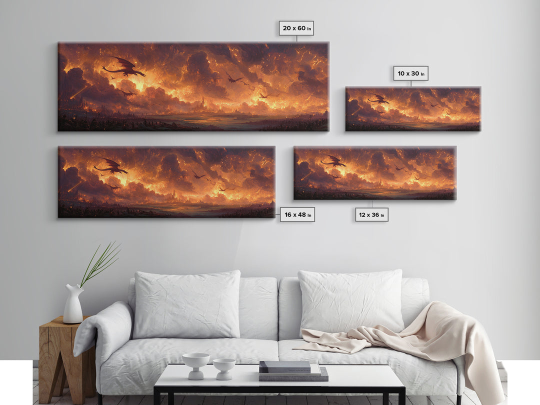 Fiery Dragons Over Apocalyptic Kingdom Framed Canvas Print, Dark Fantasy Wall Art, Epic Dragon Battle Home Decor For Game Room