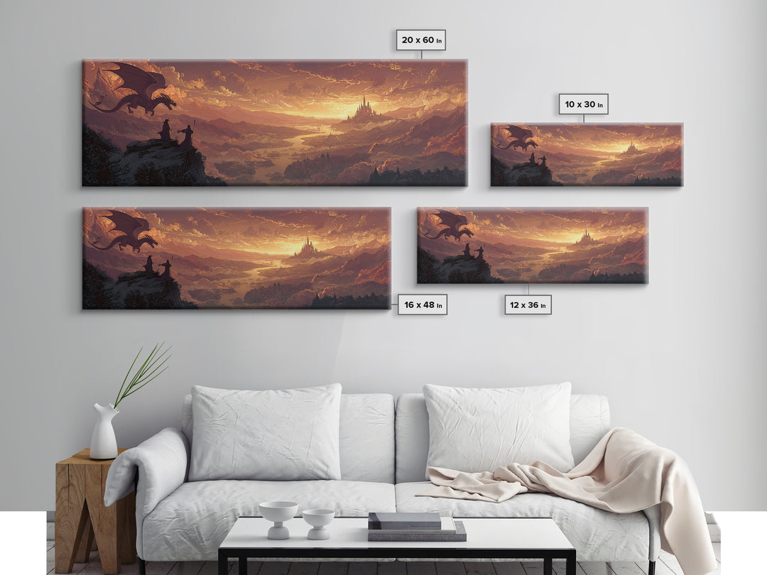 Sunset Dragon Watchers Above Golden Valley Canvas Print, Fantasy Landscape Wall Art, Medieval Castle Home Decor Gift For Him