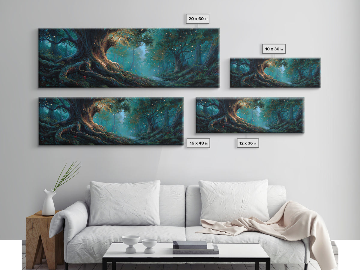 Ancient Glowing Tree In Enchanted Forest Framed Canvas Print, Fantasy Woodland Wall Art, Moody Nature Home Decor Gift For Her
