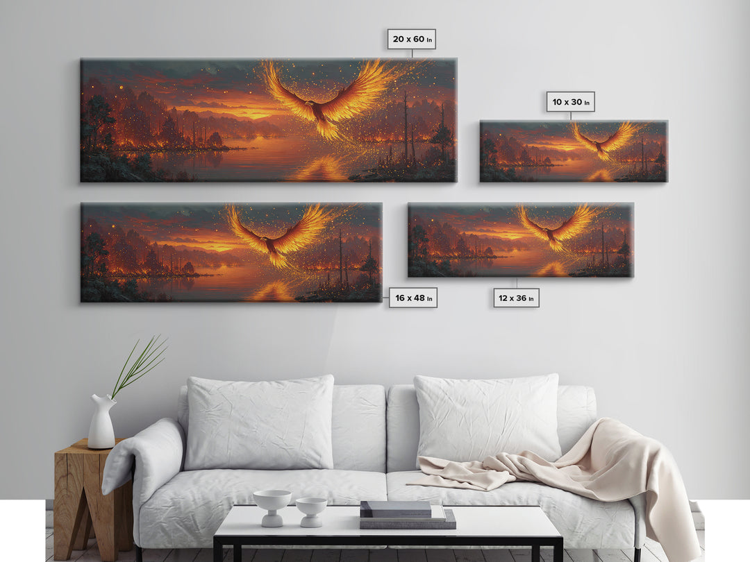 Fiery Phoenix Rising Over Burning Lake Framed Canvas Print, Fantasy Bird Wall Art, Large Vibrant Nature Home Decor Gift For Her
