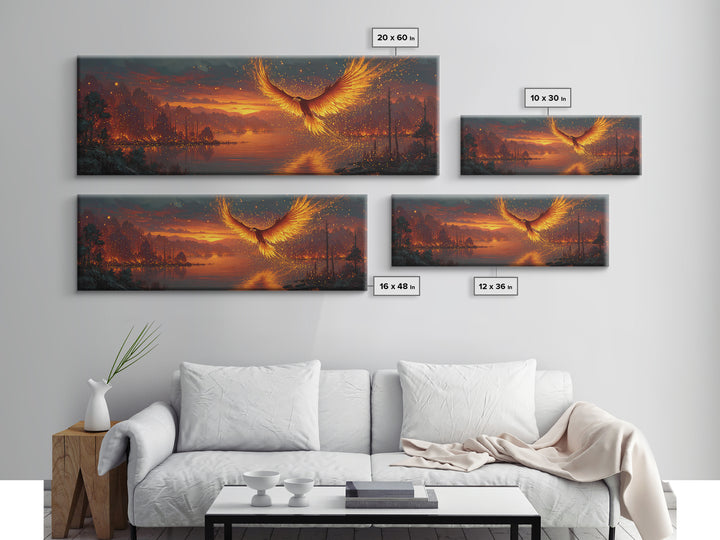 Fiery Phoenix Rising Over Burning Lake Framed Canvas Print, Fantasy Bird Wall Art, Large Vibrant Nature Home Decor Gift For Her