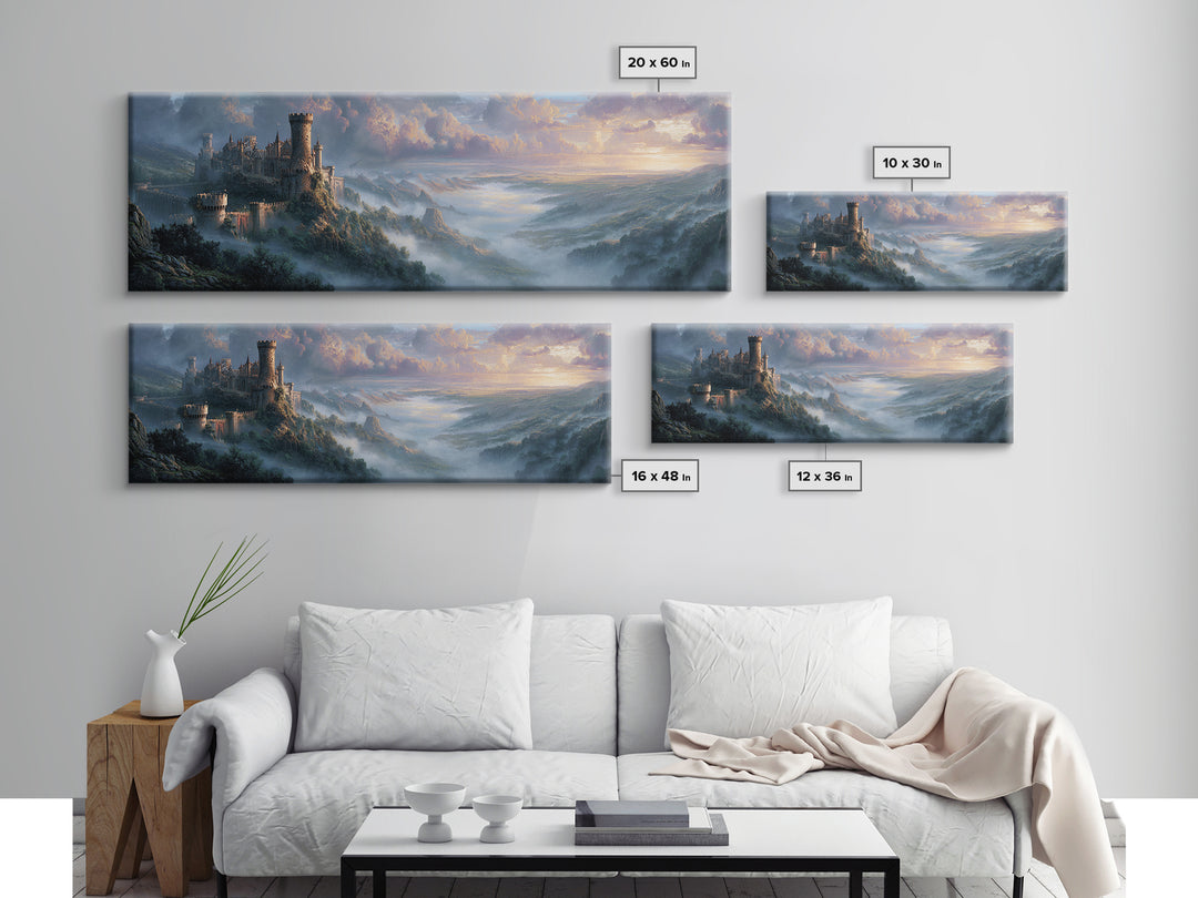 Misty Mountain Castle Above Clouded Valley Framed Canvas Print, Medieval Fantasy Wall Art, Large Landscape Home Decor Gift