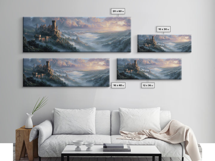 Misty Mountain Castle Above Clouded Valley Framed Canvas Print, Medieval Fantasy Wall Art, Large Landscape Home Decor Gift
