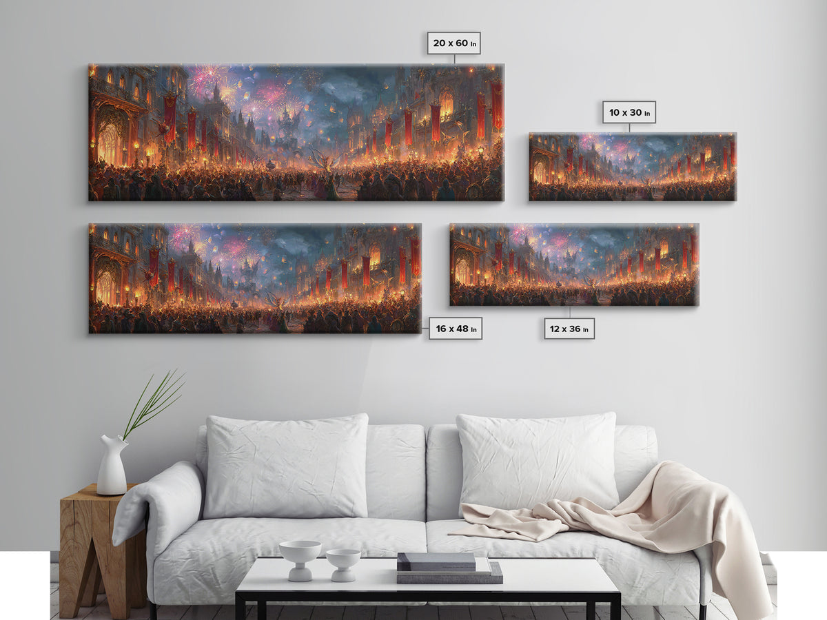 Firework Festival In Magical Medieval City Canvas Print, Fantasy City Wall Art, Maximalist Living Room Home Decor Gift Idea