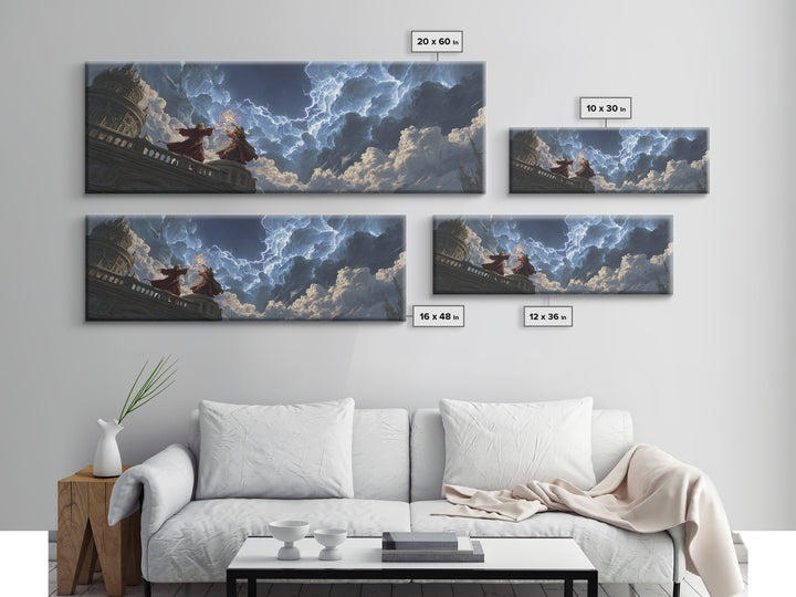 Wizards Casting Lightning Above Storm Clouds Framed Canvas Print, Dark Fantasy Wall Art, Dramatic Gothic Home Decor Gift