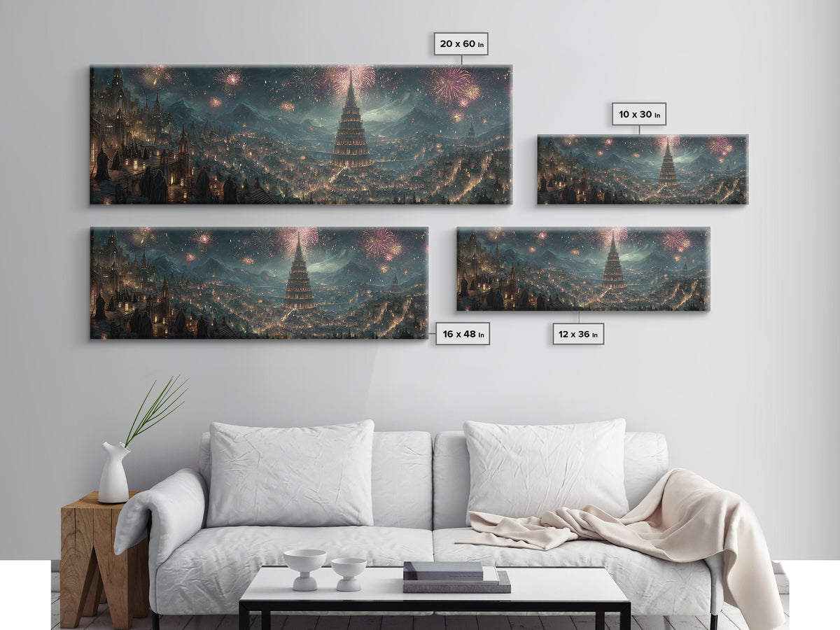 Grand Fantasy City With Fireworks And Tower Framed Canvas Print, Magical Castle Wall Art, Night Skyline Home Decor Gift For Her