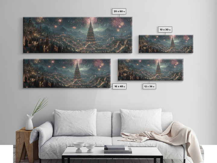 Grand Fantasy City With Fireworks And Tower Framed Canvas Print, Magical Castle Wall Art, Night Skyline Home Decor Gift For Her