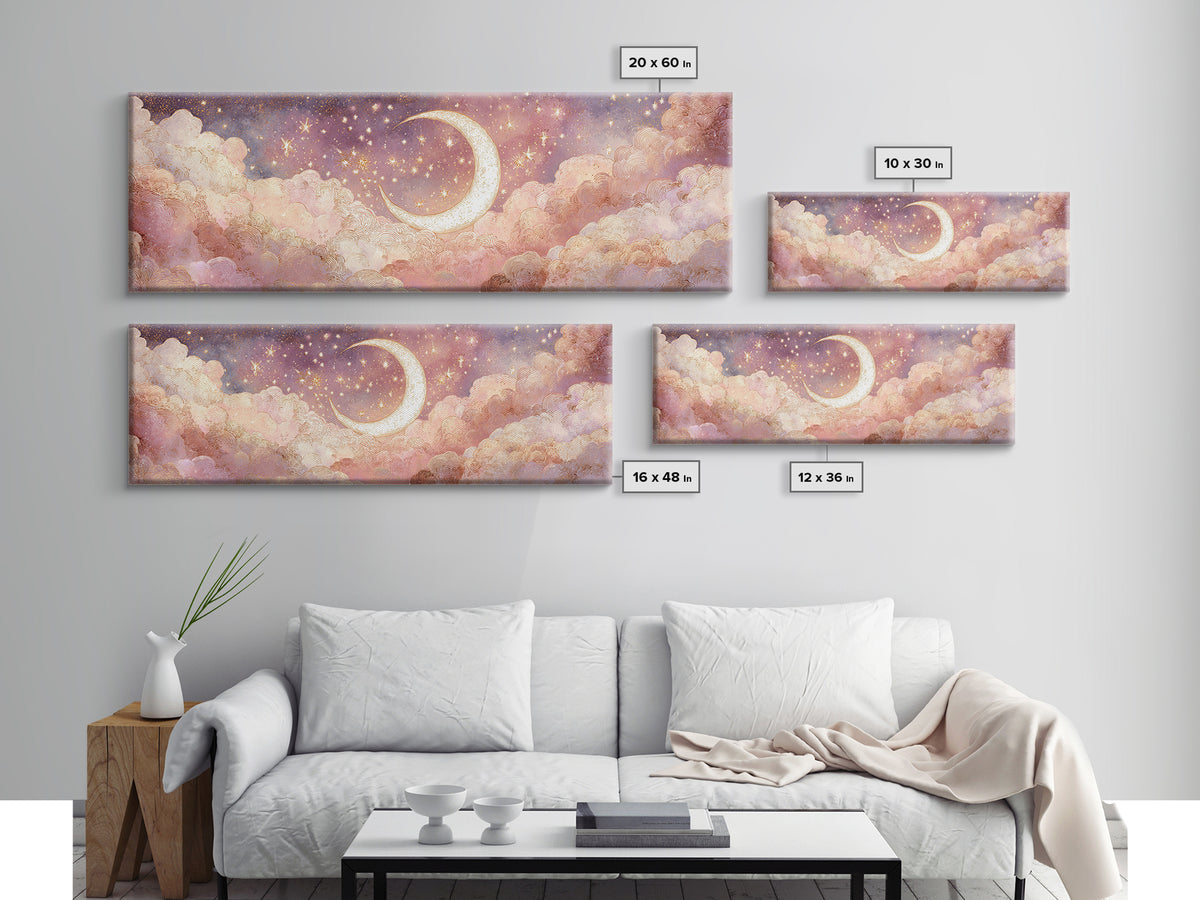 Glowing Crescent Moon In Pink Clouds Wall Art, Dreamy Celestial Nursery Decor, Whimsical Bedroom Decor, Framed Canvas Print