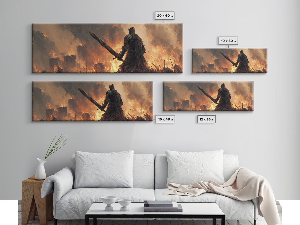 Epic Knight Dark Fantasy Sword Warrior Fire Castle Scene Canvas Print Wall Art For Medieval And Fantasy Home Decor