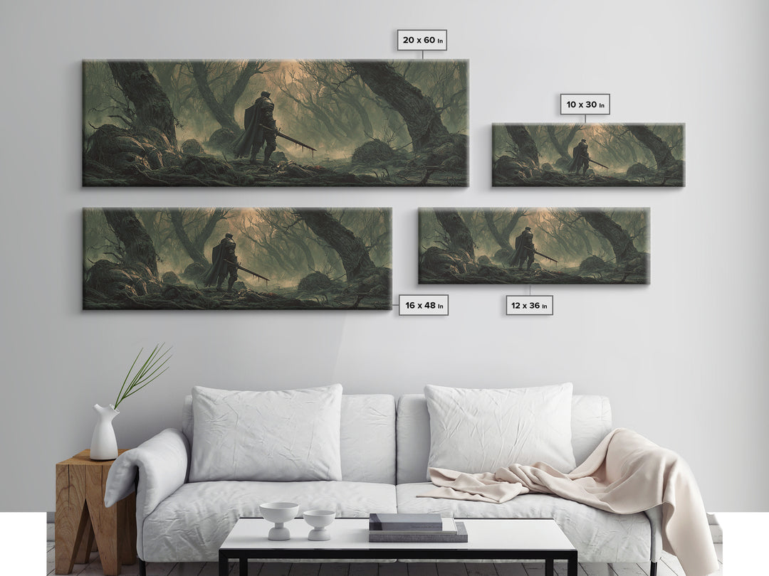 Dramatic Moody Forest Warrior Knight Painting Dark Art Framed Canvas Print Medieval Wall Art Home Decor