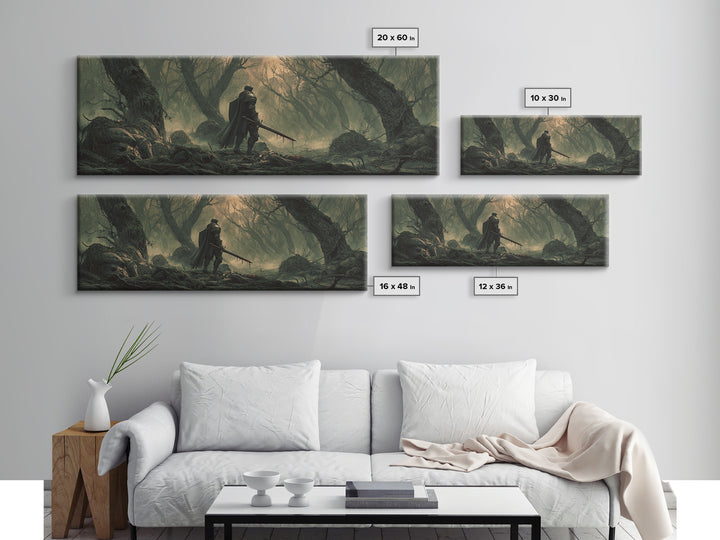 Dramatic Moody Forest Warrior Knight Painting Dark Art Framed Canvas Print Medieval Wall Art Home Decor
